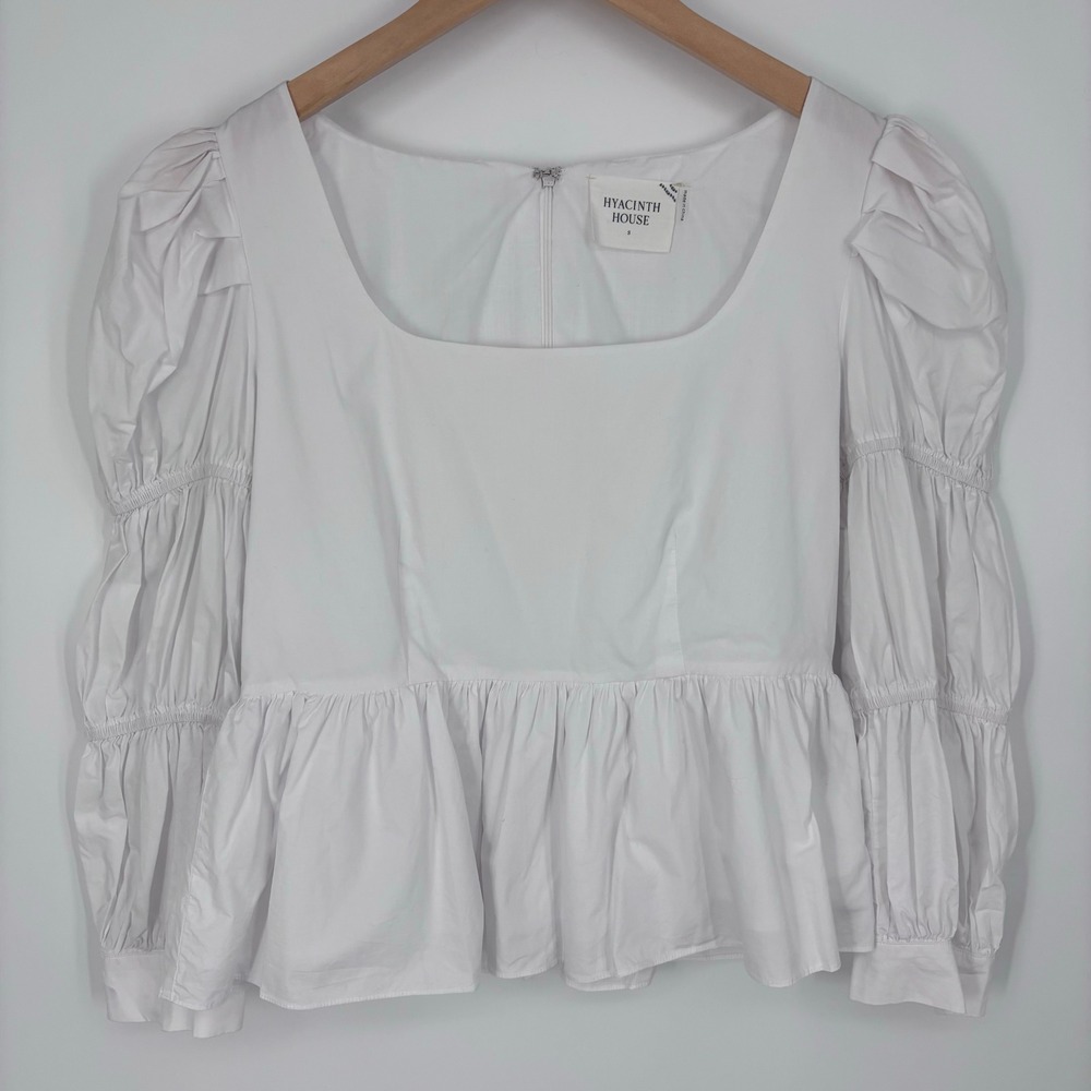 Hyacinth House Puff Sleeve Peplum Blouse Womens S White Square Neck Top